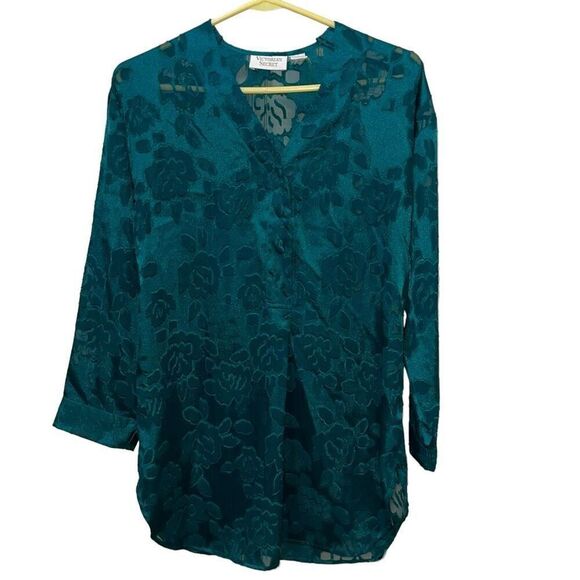 Victoria’s Secret Dark Green Floral Partial Sheer Pajama Top - Size XS - Picture 1 of 7